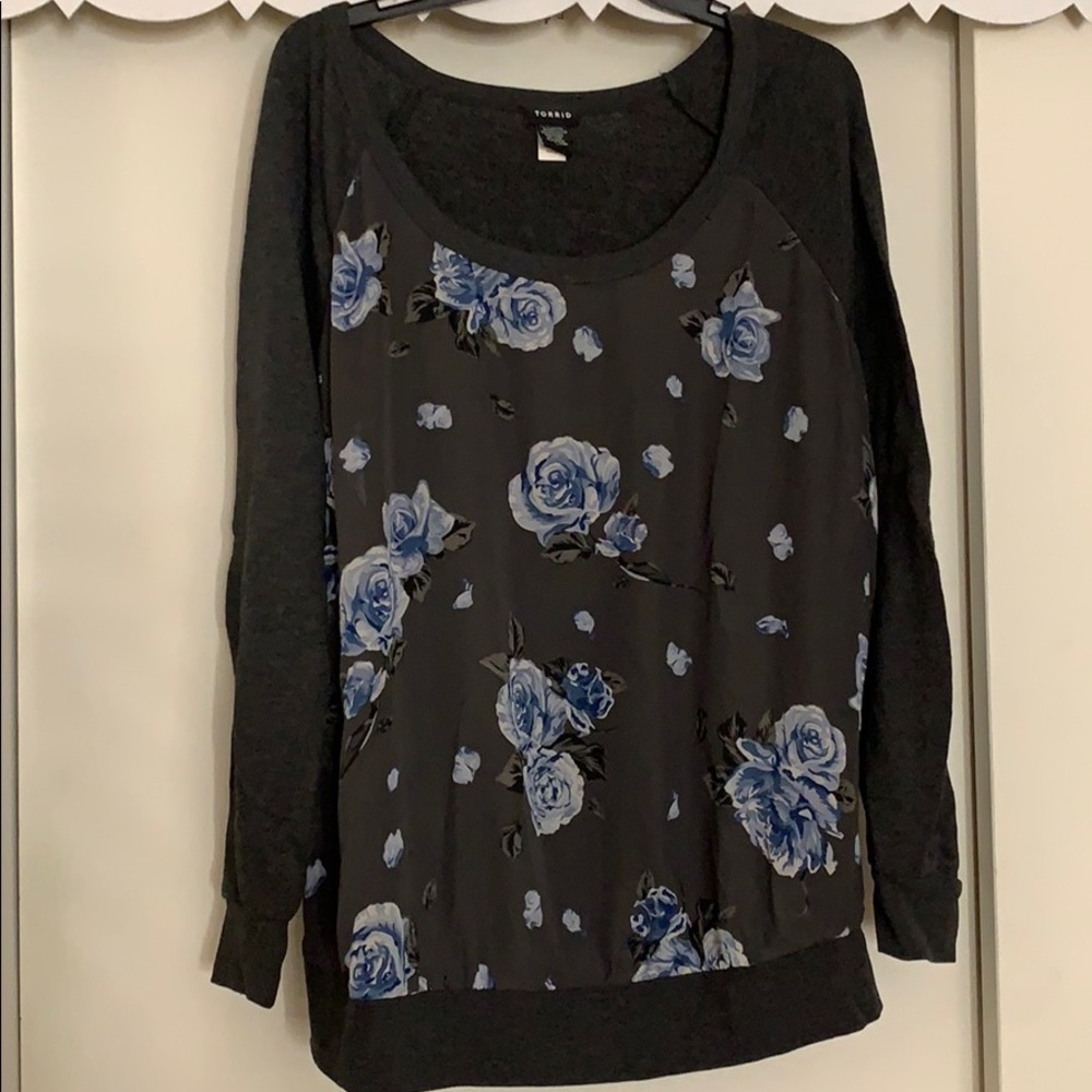 Torrid floral chiffon raglan sweatshirt.